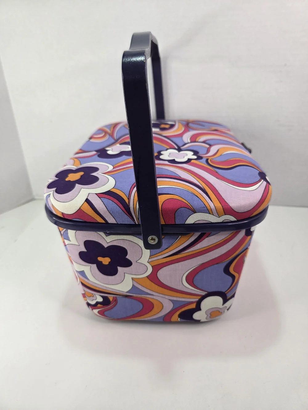 VTG. 1960-70s Peter Max Style Print Sewing Basket Groovy Flower Power Colors